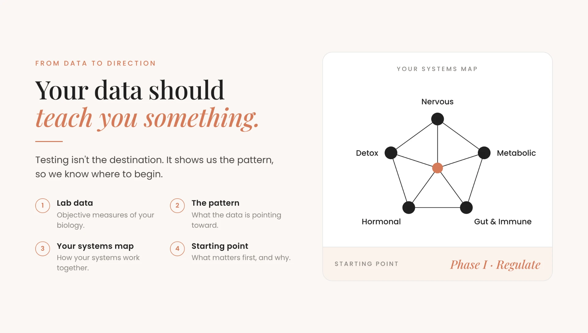 From data to direction: lab data, the pattern, your systems map, and a starting point.