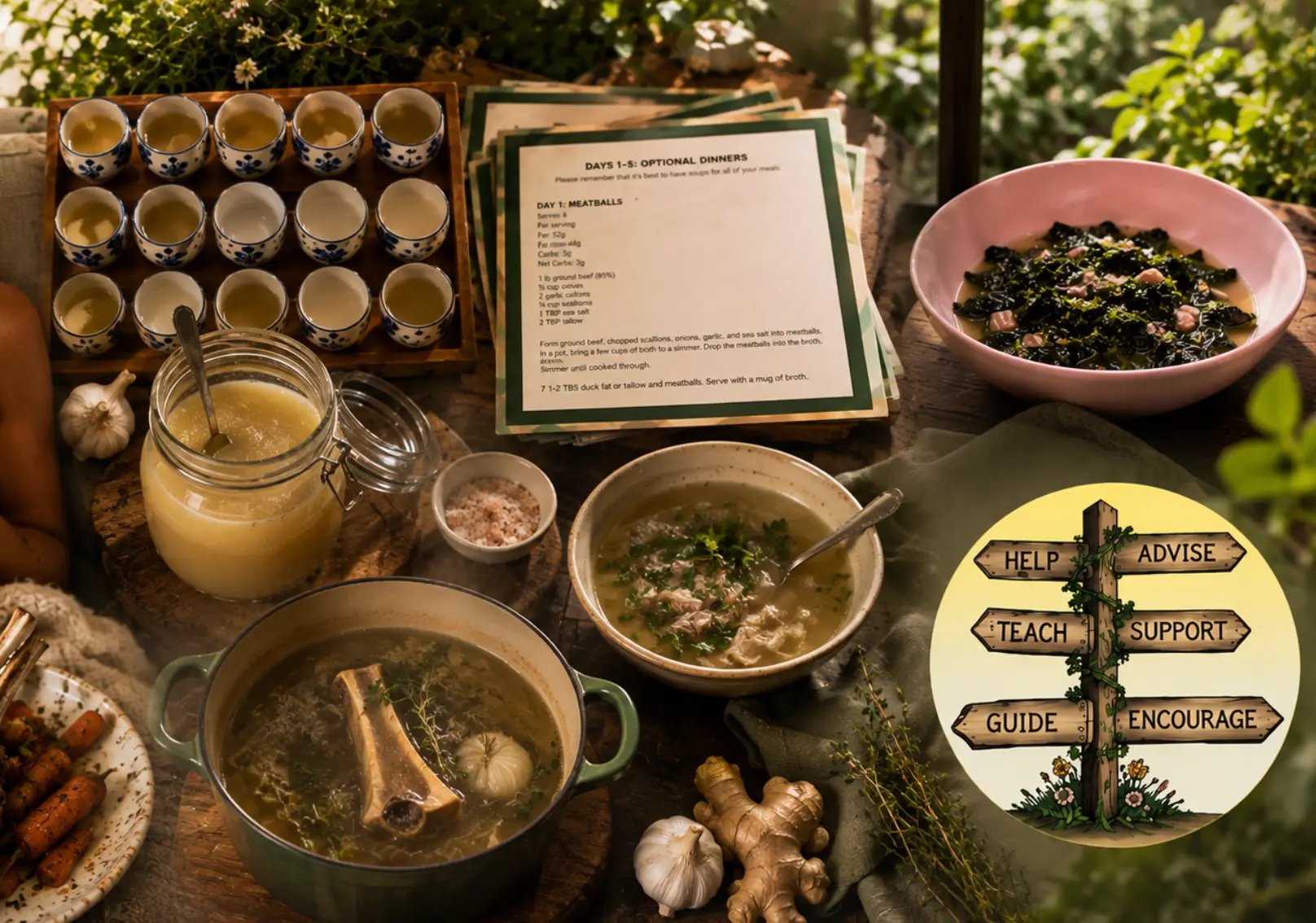 Warm editorial kitchen scene: broth, soups, recipe cards, and a wooden signpost pointing to help, advise, teach, support, guide, and encourage.